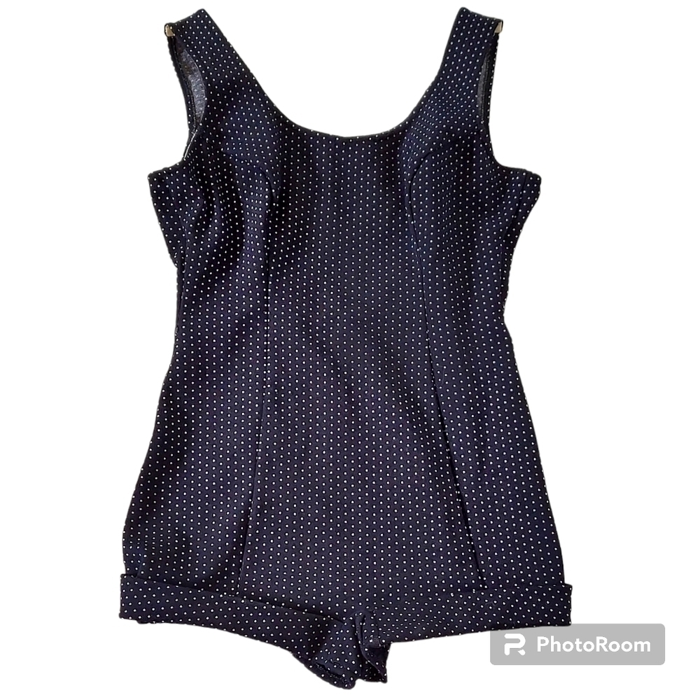 Vtg 40s‎ 50s Bradley Black White Polka Dot  Boy Leg Low Back One Piece Swimsuit